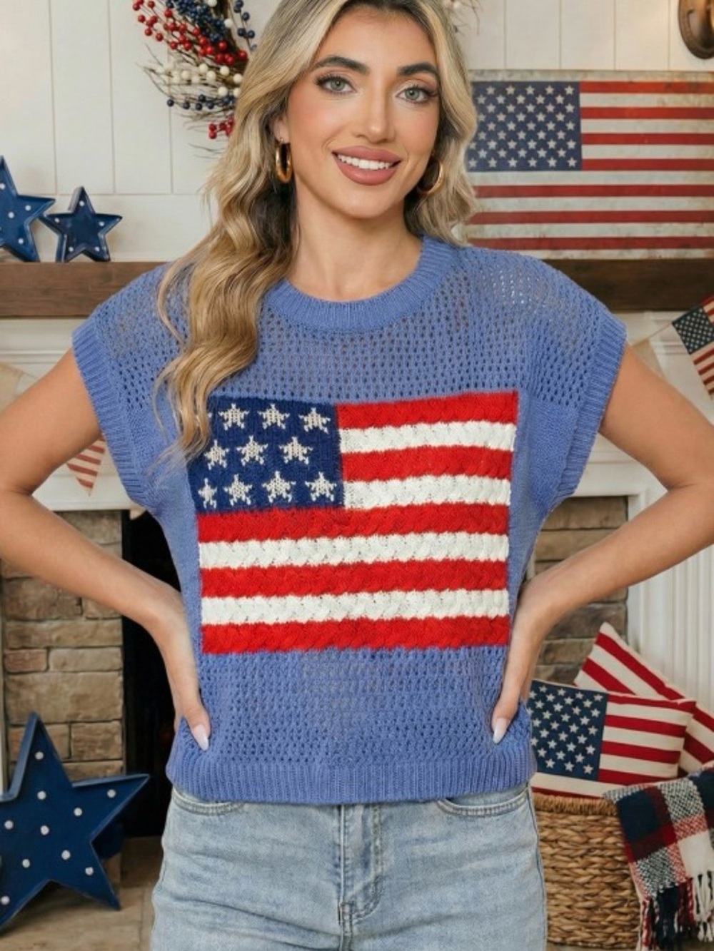 Blue open Knit American Flag Sweater